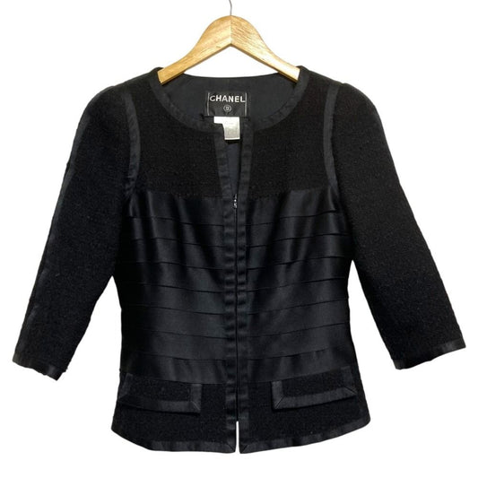 Chanel Tweed Tiered Combination Ribbon Zip Jacket 38 Black