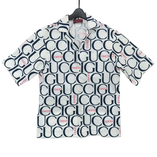 Gucci Maxi Print Fabric Shirt Short Sleeve 44 White Blue