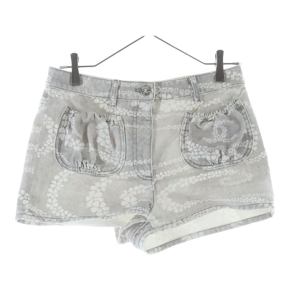 Chanel Cocobichi Pocket Denim Zip Fly Shorts Gray White