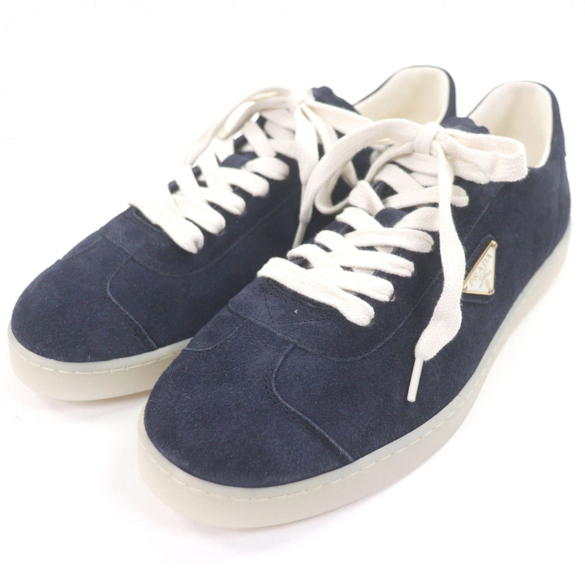 Prada Suede Leather Triangle Logo Plate Trocut Sneakers Navy