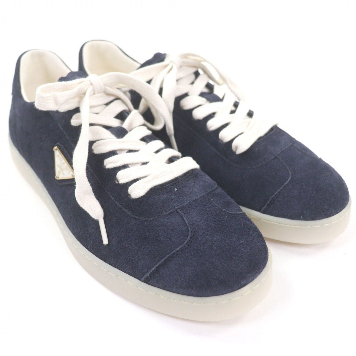 Prada Suede Leather Triangle Logo Plate Trocut Sneakers Navy — view 3