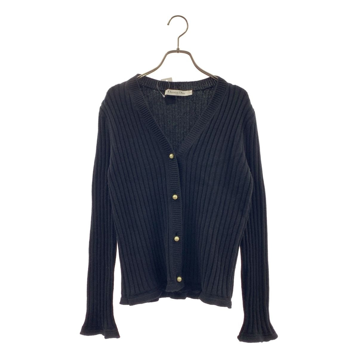 Dior Cashmere Pearl Logo Button Rib Knit Cardigan 36 Black