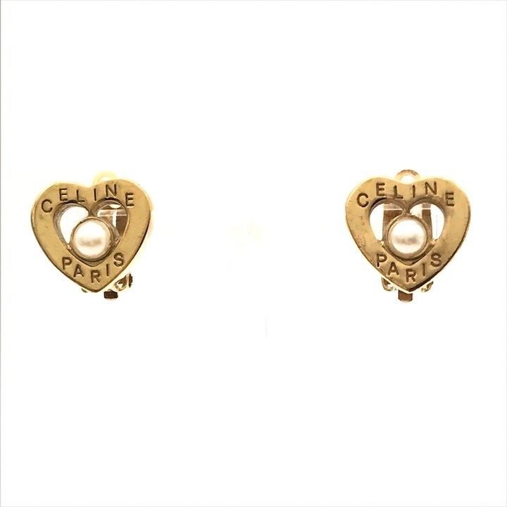 Celine Logo Heart Motif Pearl Earrings Gold