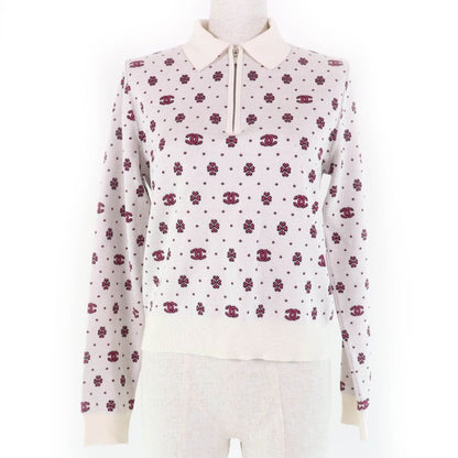 Chanel 23 SS Silk Cotton Coco Mark Half Zip Knit Ivory Pink 36
