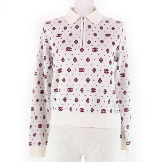 Chanel 23 SS Silk Cotton Coco Mark Half Zip Knit Ivory Pink 36