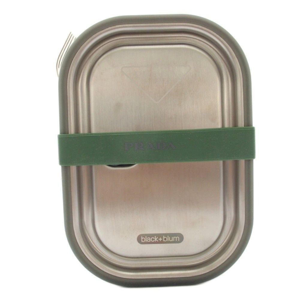 Prada Black Blum Stainless Steel Lunch Box Large Box Large Box with Fork and