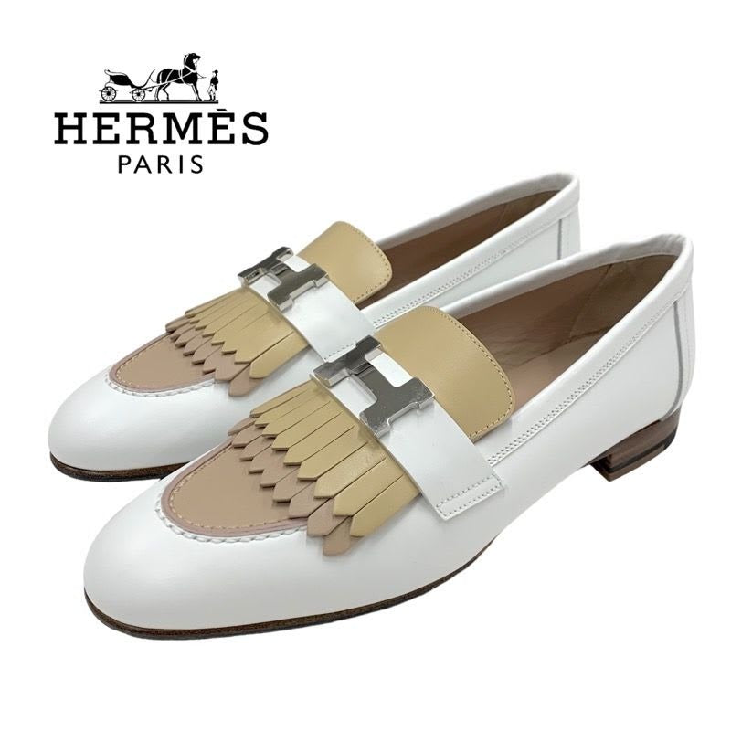 Hermes Royale Loafers Leather Shoes White Beige Silver Moccasins