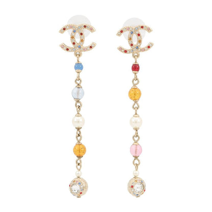 Chanel Earrings CC Logo Swing Rhinestone Faux Pearl Color Stone