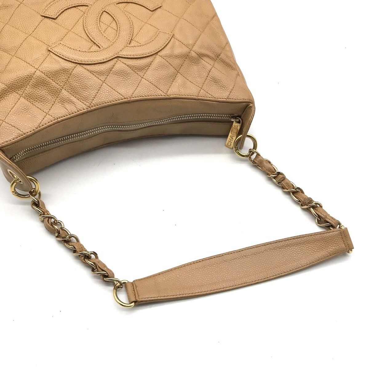 Chanel Quilted Caviar Leather Chain Shoulder Bag Beige — view 6