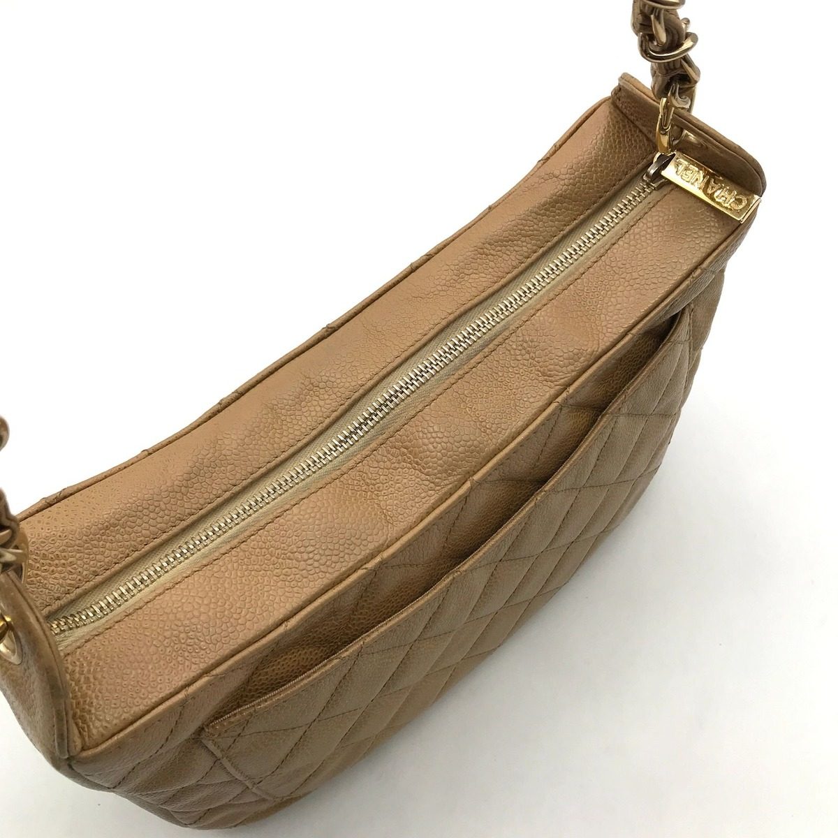 Chanel Quilted Caviar Leather Chain Shoulder Bag Beige — view 7