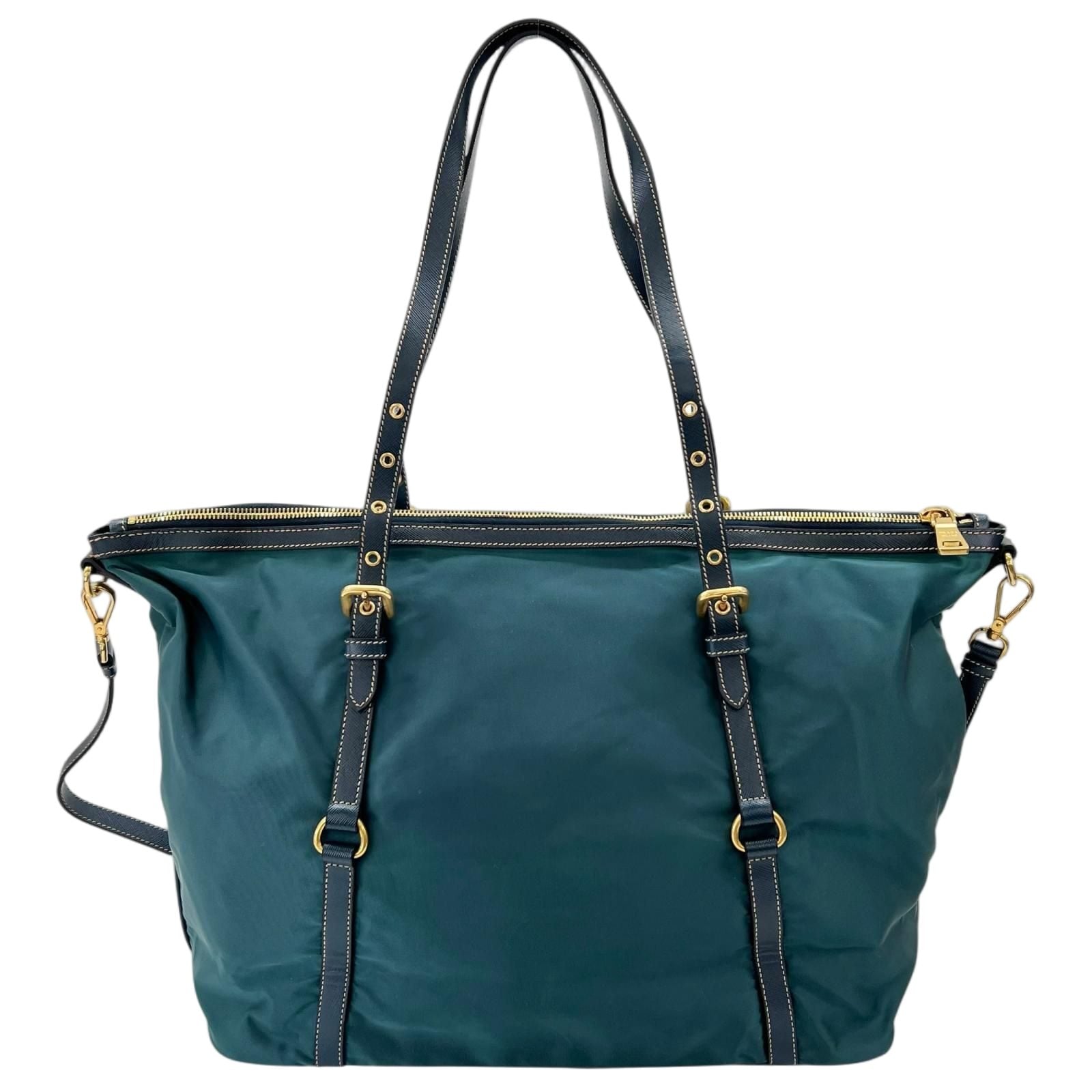 Prada Tessuto Saffiano Nylon Leather Green Tote Gold — view 2