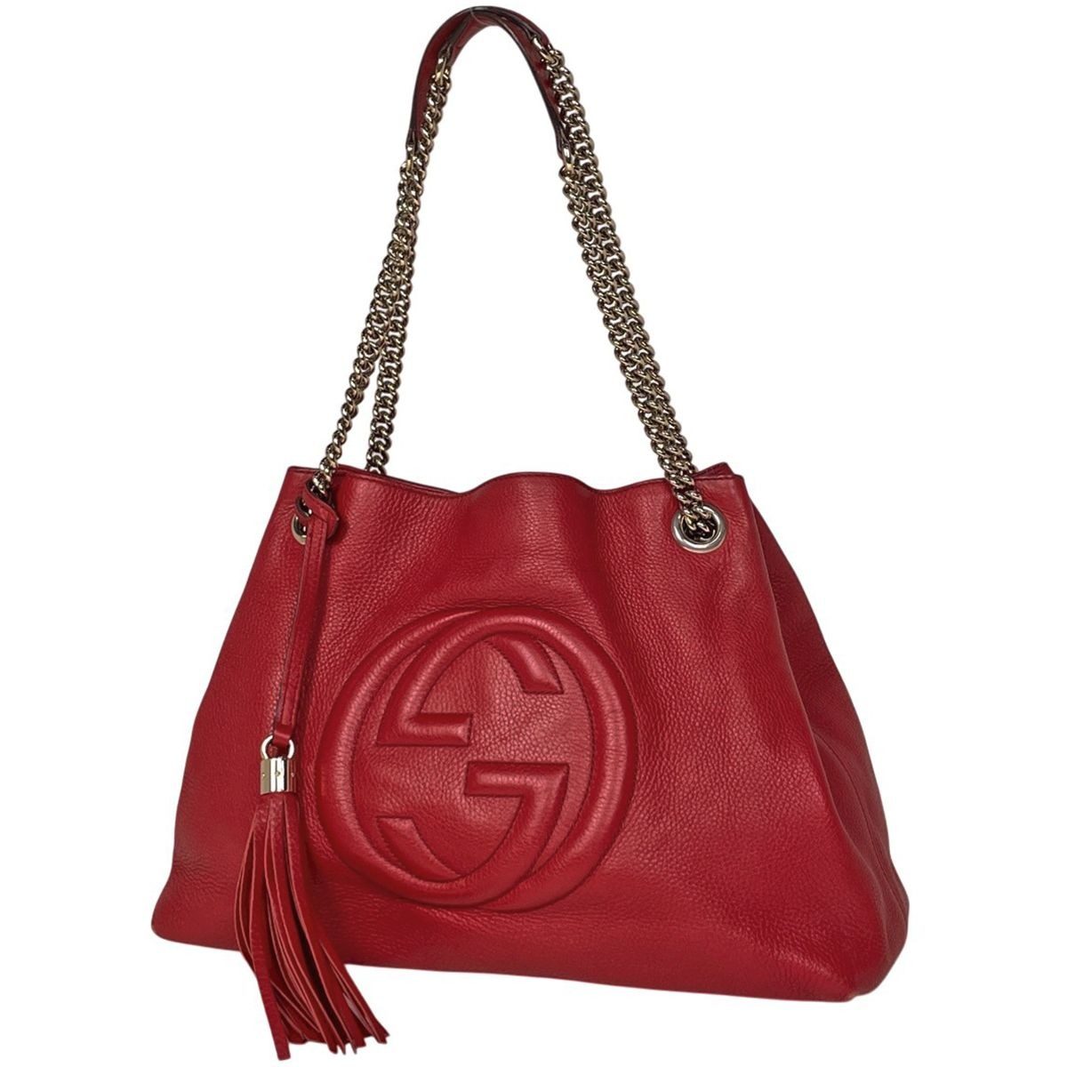 Gucci Sohot Tote Fringe Interlocking Leather Red