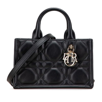 Dior Macro Cannage Book Tote Mini 2-Way Shoulder Bag Black Leather