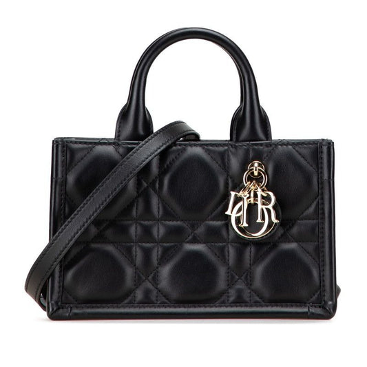 Dior Macro Cannage Book Tote Mini 2-Way Shoulder Bag Black Leather