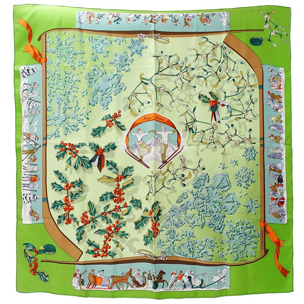 Hermes Scarf Carre 90 Neige D'antan Last Year's Snow Silk Green
