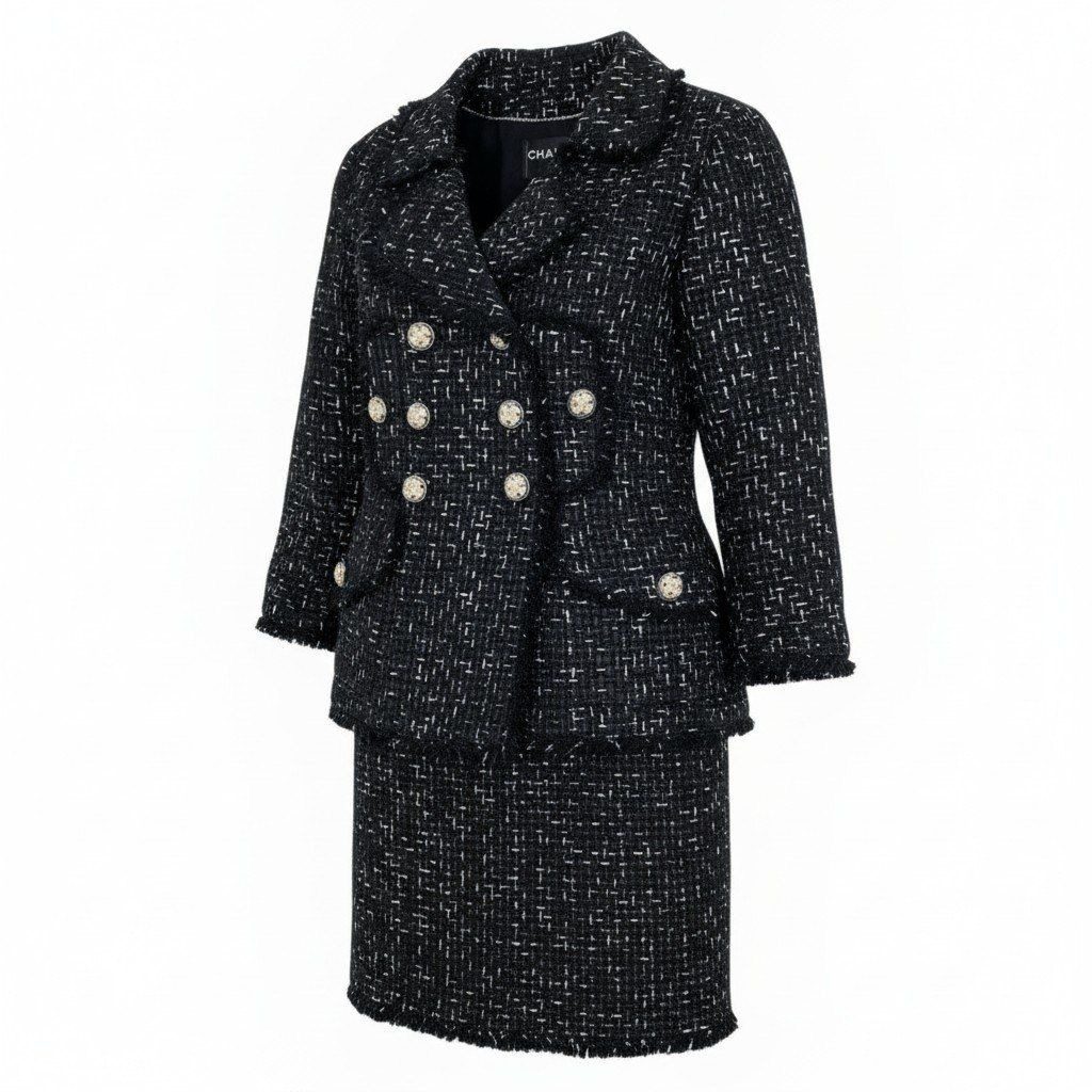 Chanel Logo Ribbon Lesage Double Tweed Set 36 Black Dress