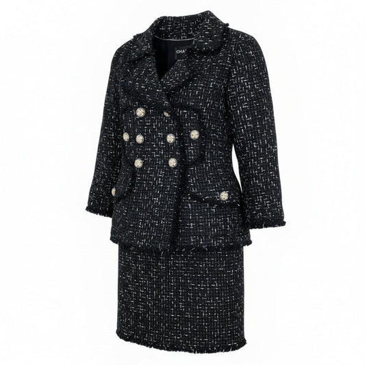 Chanel Logo Ribbon Lesage Double Tweed Set 36 Black Dress
