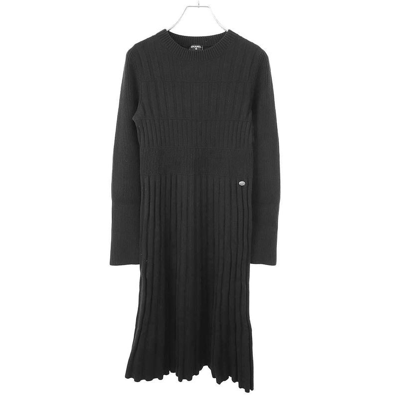 Chanel Ribbed Pleated Wool Knit Dress Black 36