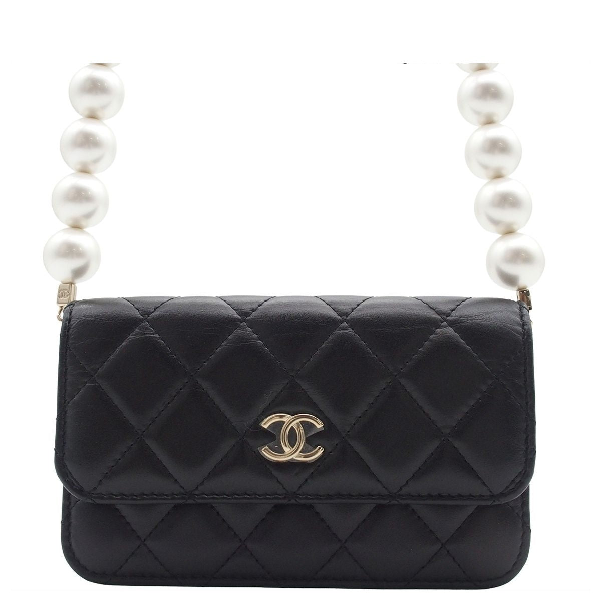 Chanel Pearl Chain Shoulder Bag Wallet Quilted CC Logo Black Lambskin Costume