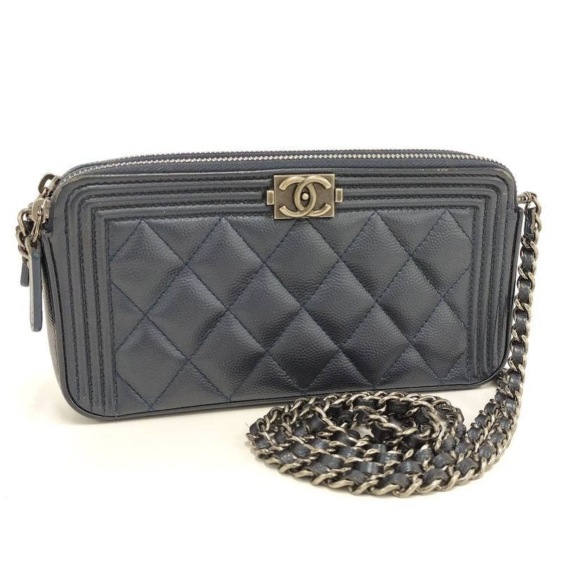 Chanel Boy Chain Wallet in Navy Caviar Leather