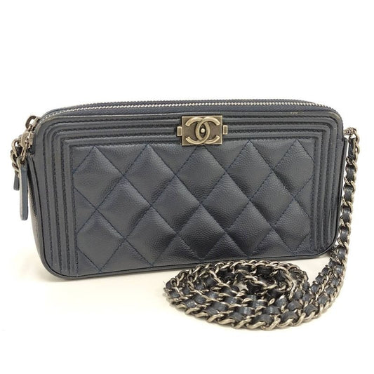 Chanel Boy Chain Wallet in Navy Caviar Leather