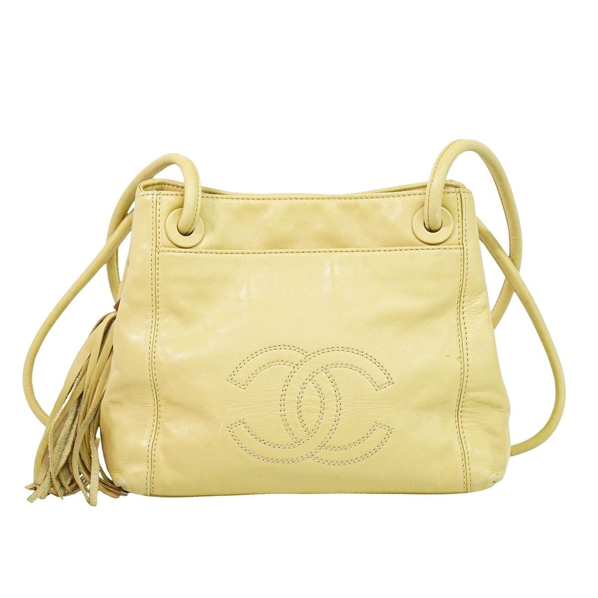 Chanel CC Logo Tassel Shoulder Bag Leather Beige