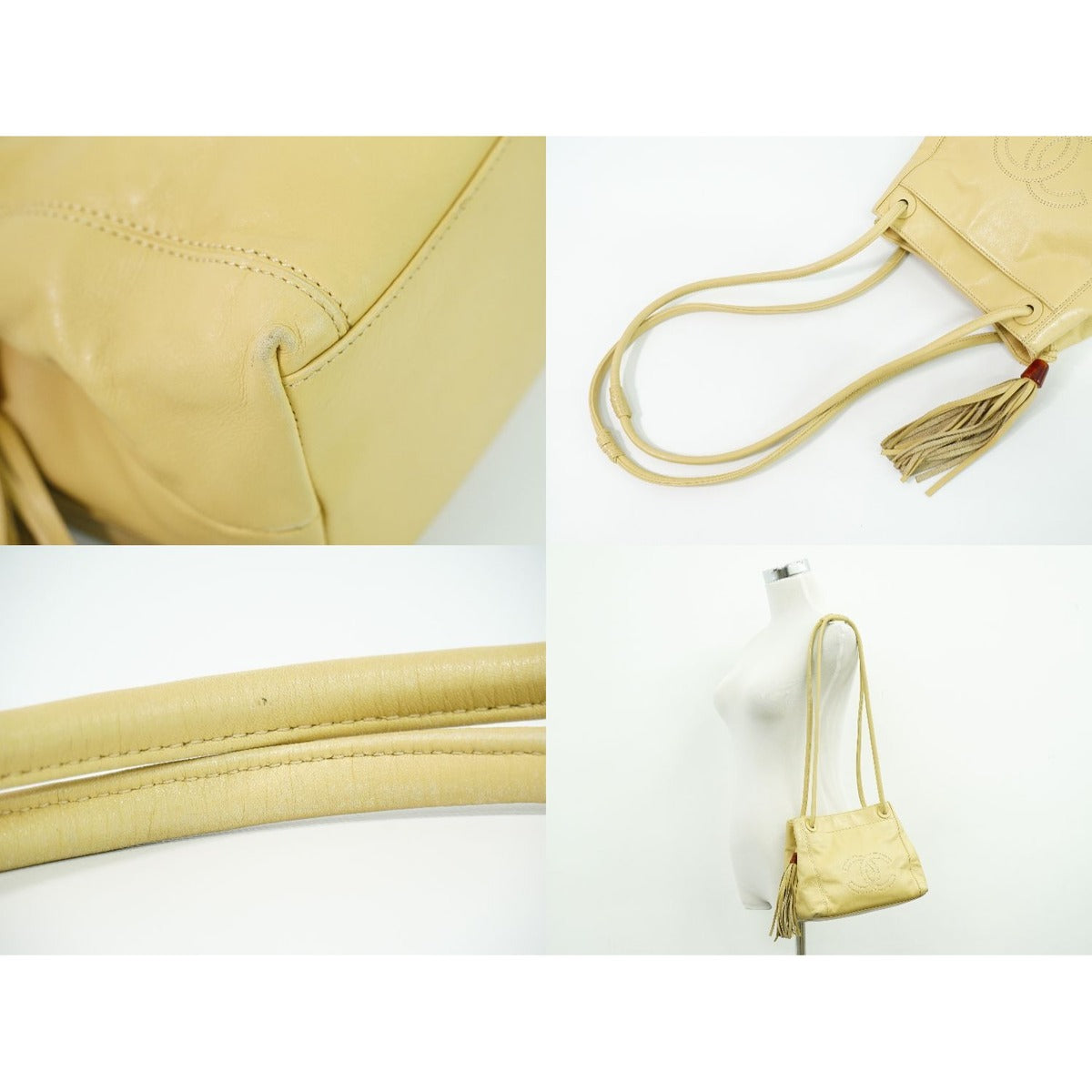 Chanel CC Logo Tassel Shoulder Bag Leather Beige — view 6