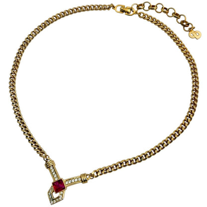 Dior Christian Rhinestone Necklace Gold Pink