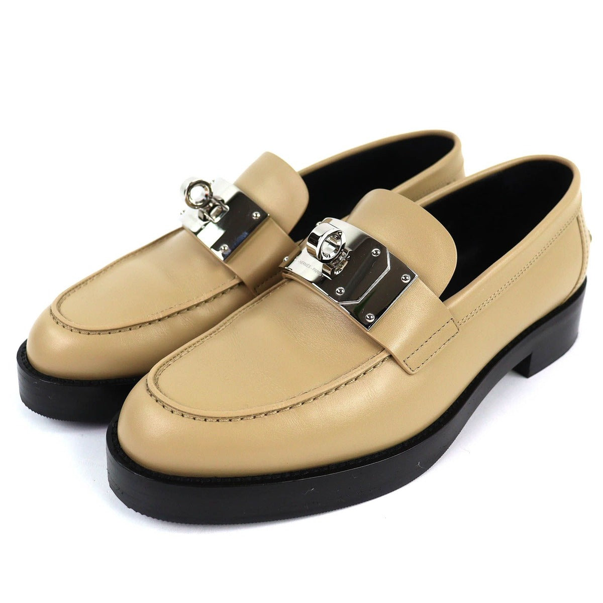 Hermes Moccasins Hot Kelly Buckle Leather Loafers Beige Silver 37.5