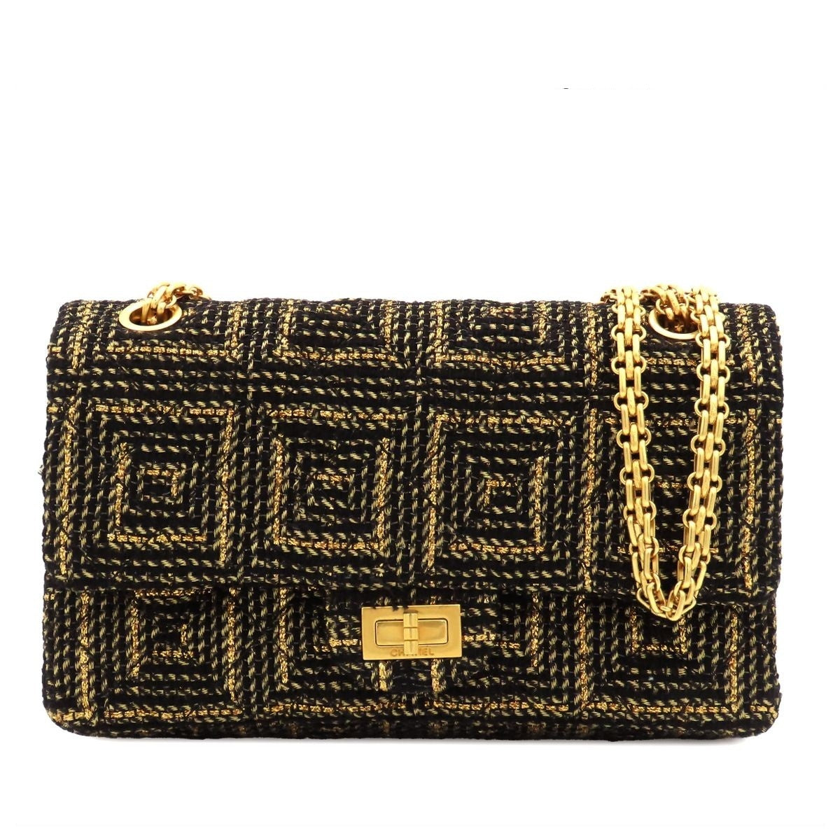 Chanel Paris Visance Black Gold Tweed Leather Quilted Chain Double Flap Bag