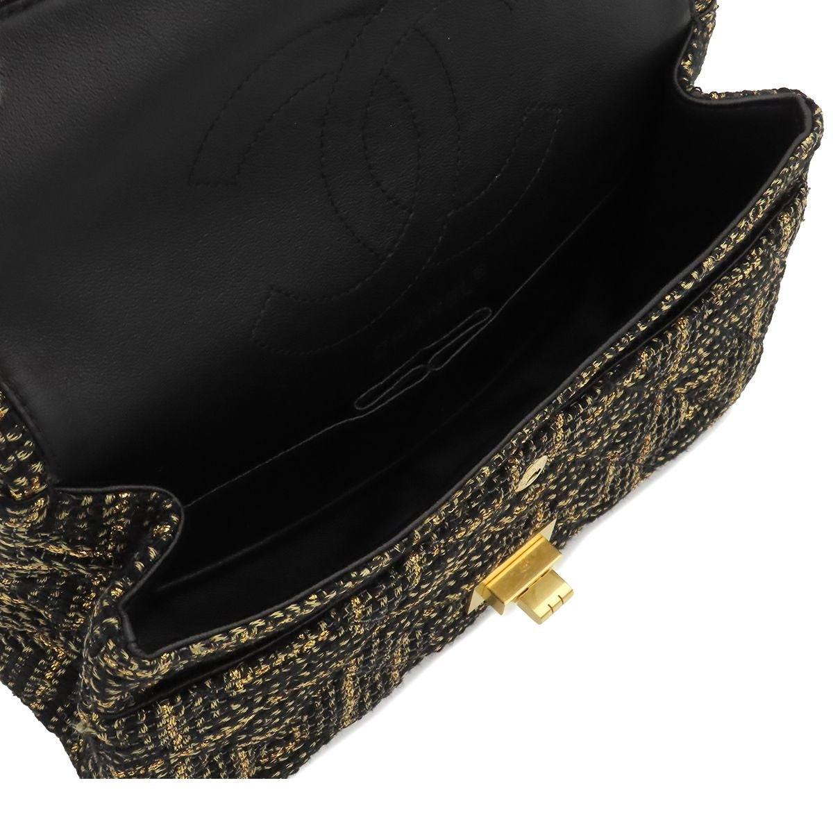 Chanel Paris Visance Black Gold Tweed Leather Quilted Chain Double Flap Bag — view 5