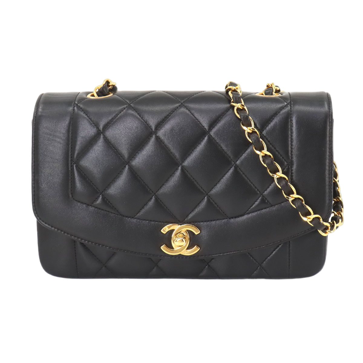 Chanel Diana Quilted 22 Chain Shoulder Bag Leather Black Vintage