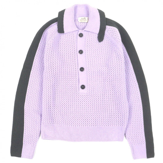 Hermes Cotton Cashmere Half Button Collared Pullover Knit Sweater Purple Black