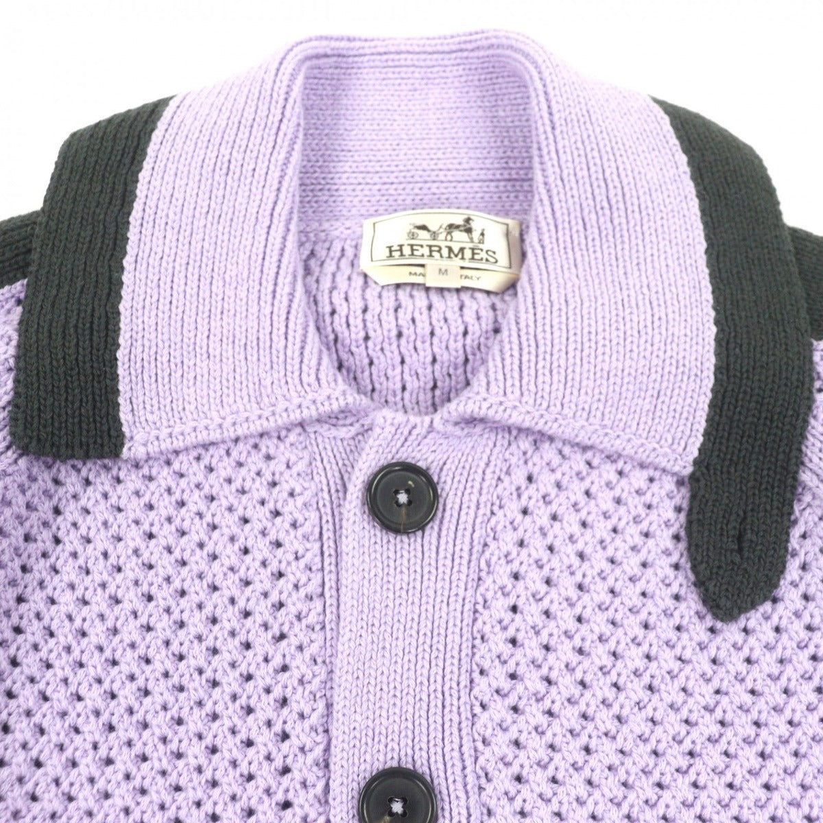 Hermes Cotton Cashmere Half Button Collared Pullover Knit Sweater Purple Black — view 2
