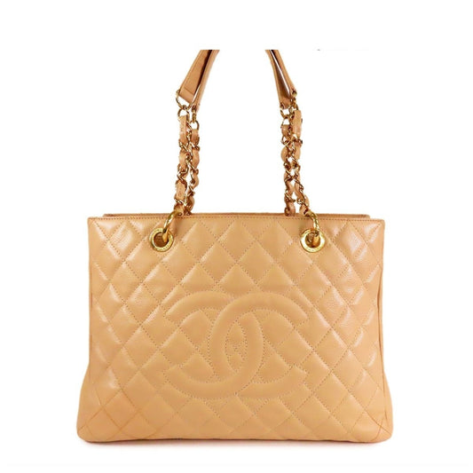 Chanel Grand Shopping Tote GST Beige Gold Caviar Leather Shoulder Bag