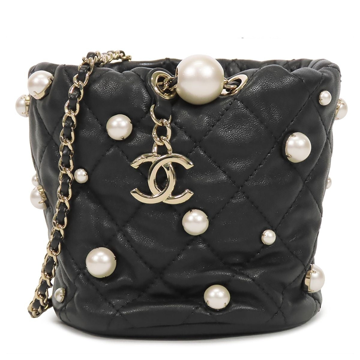 Chanel Chain Black Gold Lambskin Faux Pearl Quilted Bucket Bag