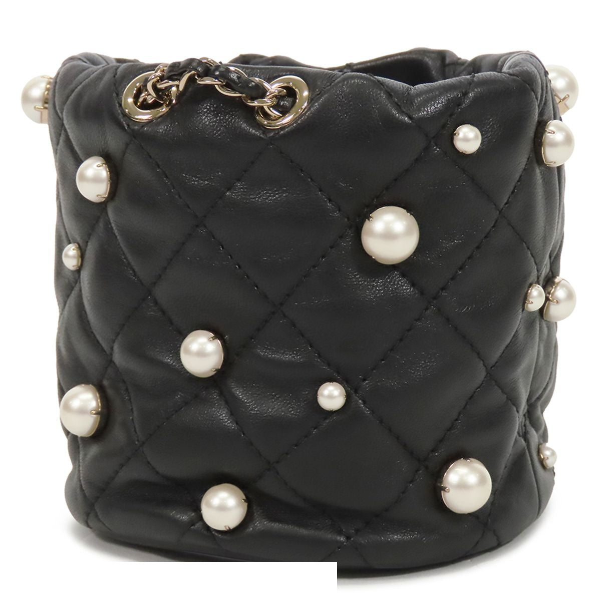 Chanel Chain Black Gold Lambskin Faux Pearl Quilted Bucket Bag — view 2