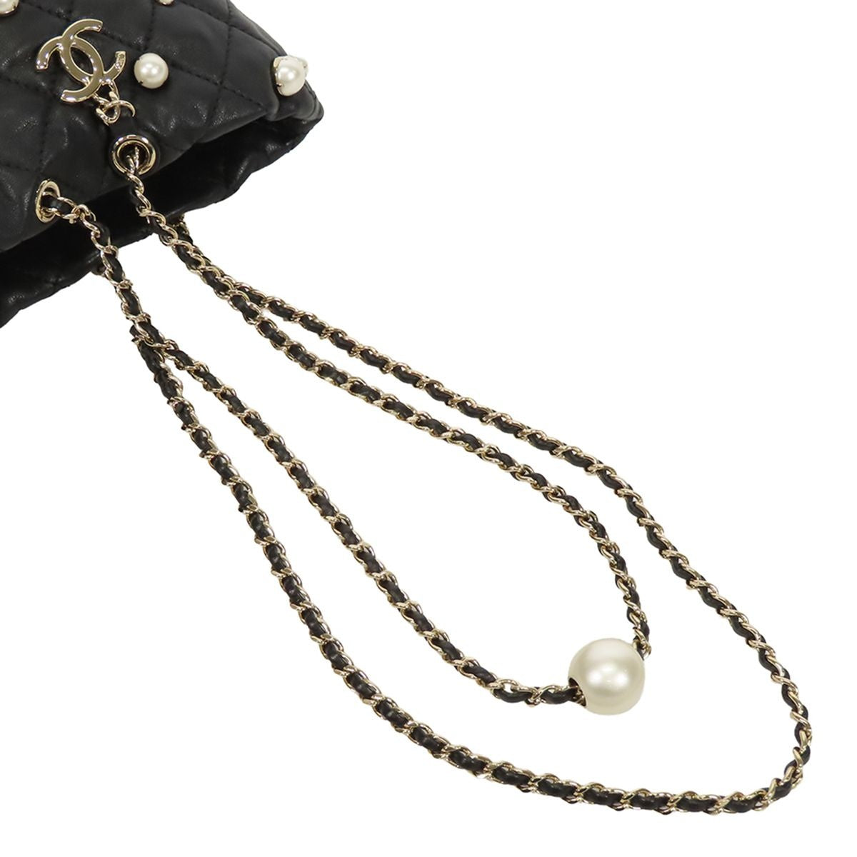 Chanel Chain Black Gold Lambskin Faux Pearl Quilted Bucket Bag — view 4