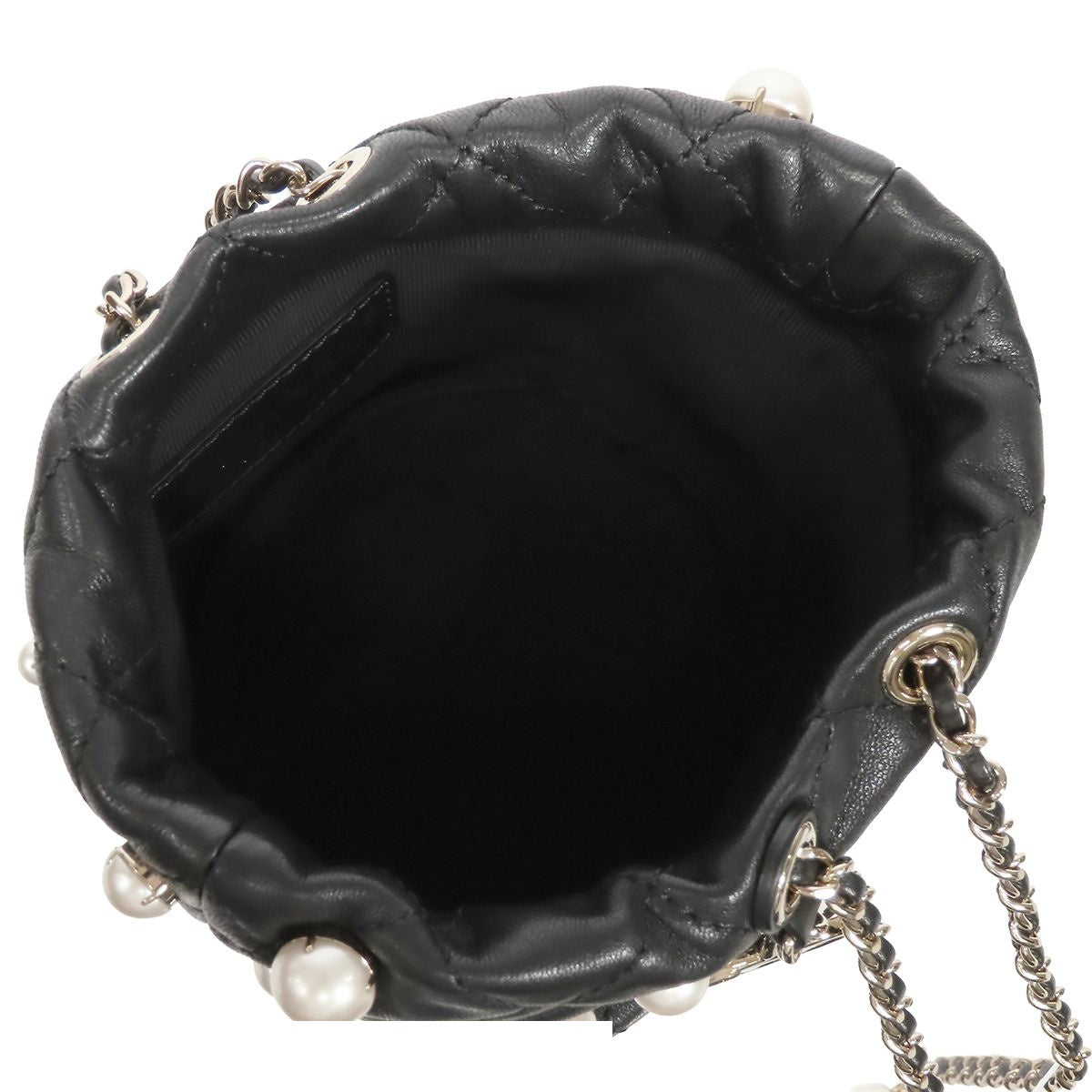 Chanel Chain Black Gold Lambskin Faux Pearl Quilted Bucket Bag — view 5