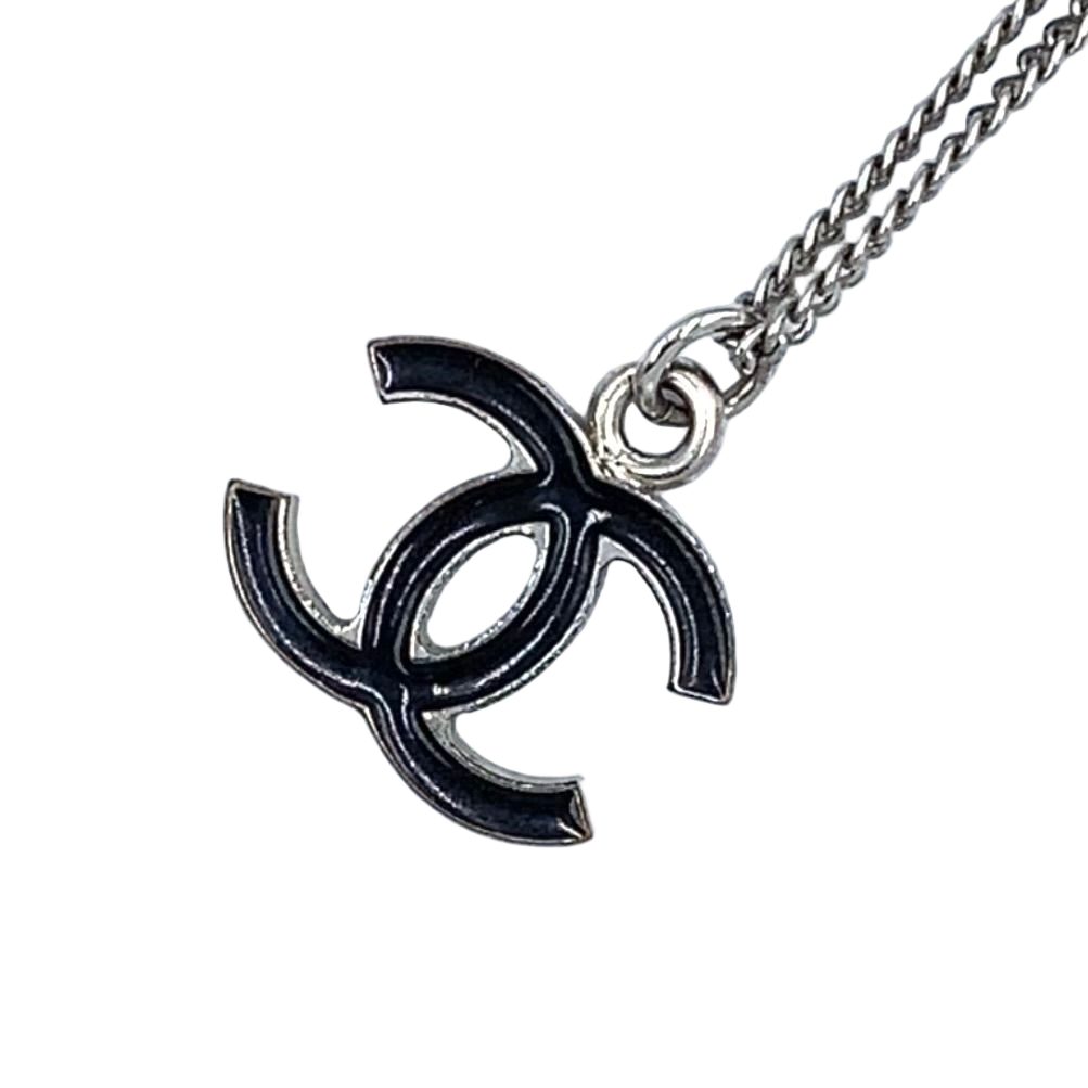 Chanel CC Logo Metal Enamel Silver Black Necklace — view 2