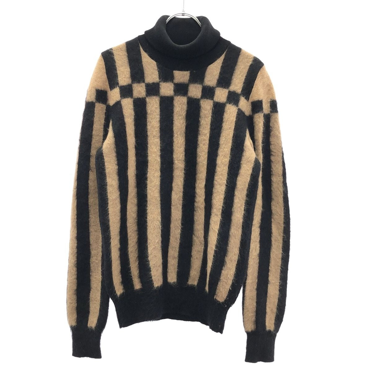 Loewe Check Stripe Turtleneck Mohair Knit Pullover Brown Black XS Sweater X