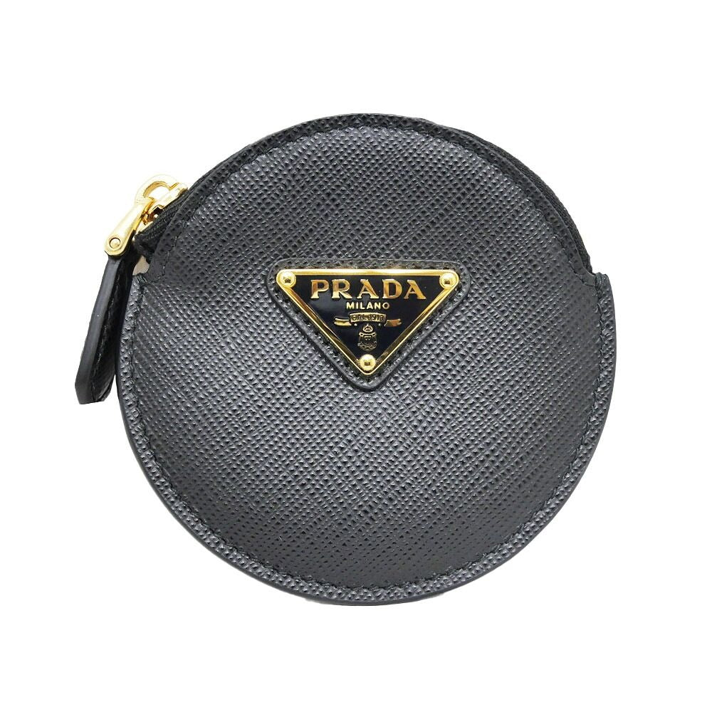 Prada Saffiano Triangle Coin Case Round Nero 006 Gold