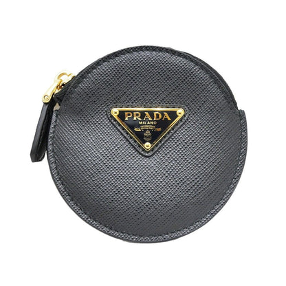 Prada Saffiano Triangle Coin Case Round Nero 006 Gold