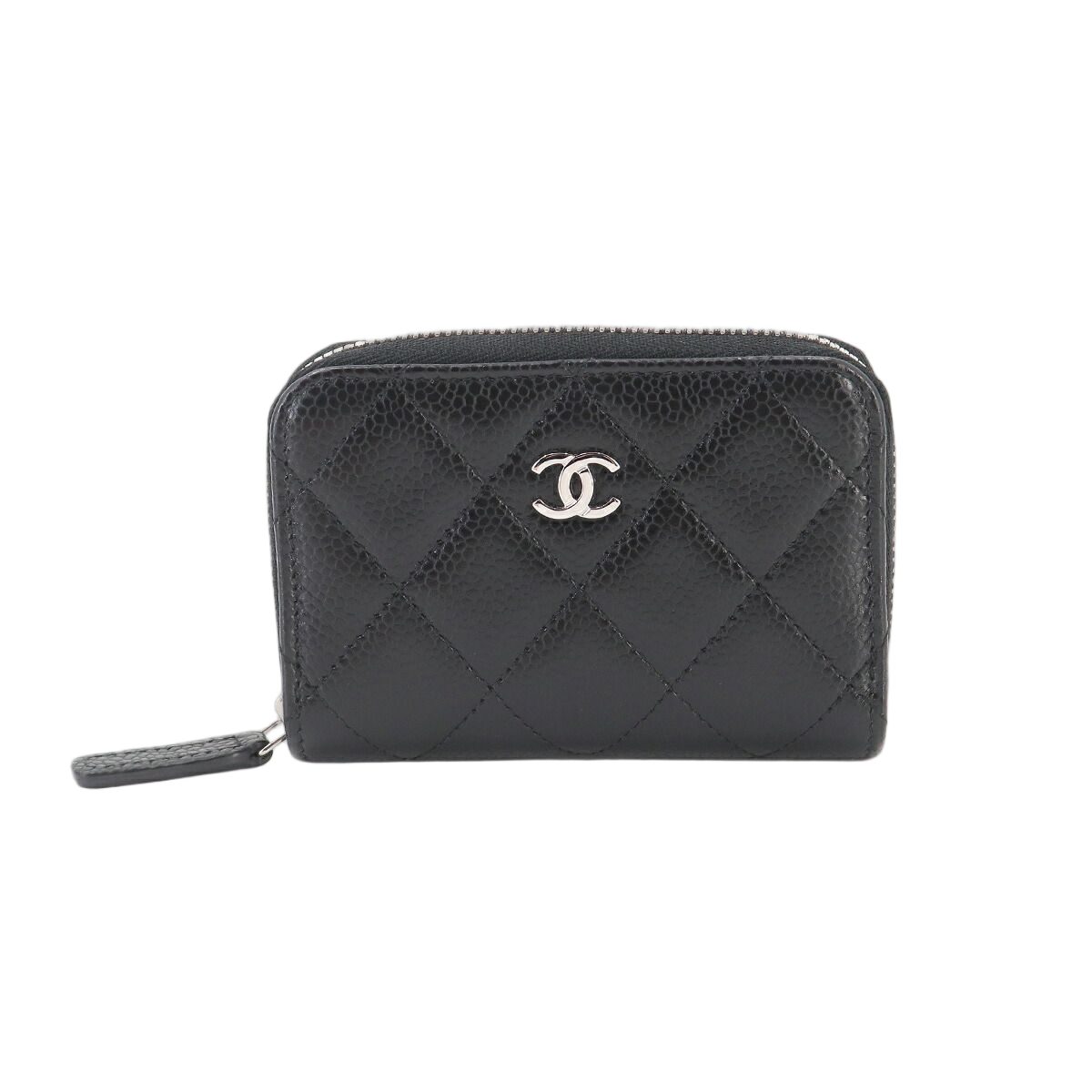 Chanel Quilted Coin Purse Caviar Leather Black CC Logo Silver