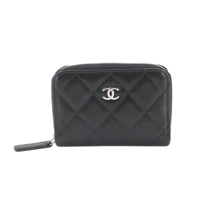 Chanel Quilted Coin Purse Caviar Leather Black CC Logo Silver