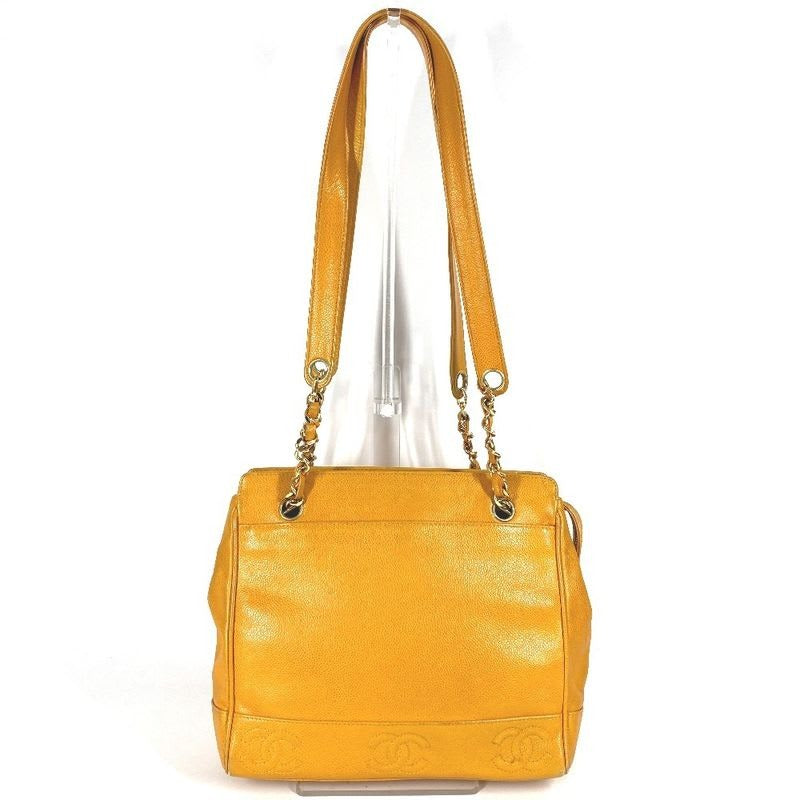 Chanel Shoulder Bag CC Logo Triple Coco Caviar Leather Yellow