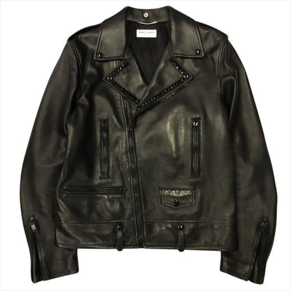 Saint Laurent Paris Studs All Black Double Rider Jacket Motorcycle Leather 52