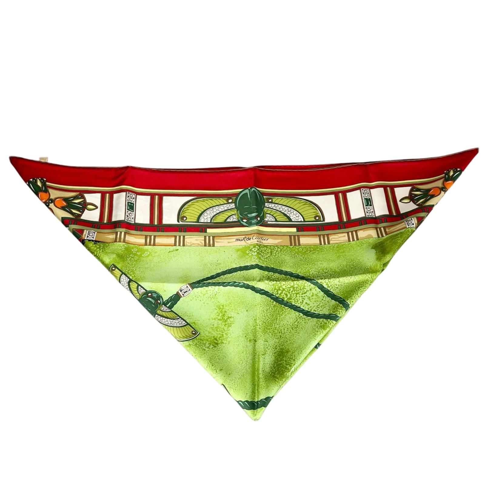 Cartier Scarab Pattern Silk Green Red Scarf — view 2