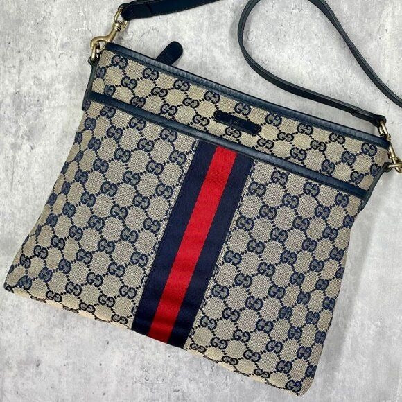 Gucci GG Supreme Ophidia Sherry Line Crossbody Bag Web Canvas Navy Tan