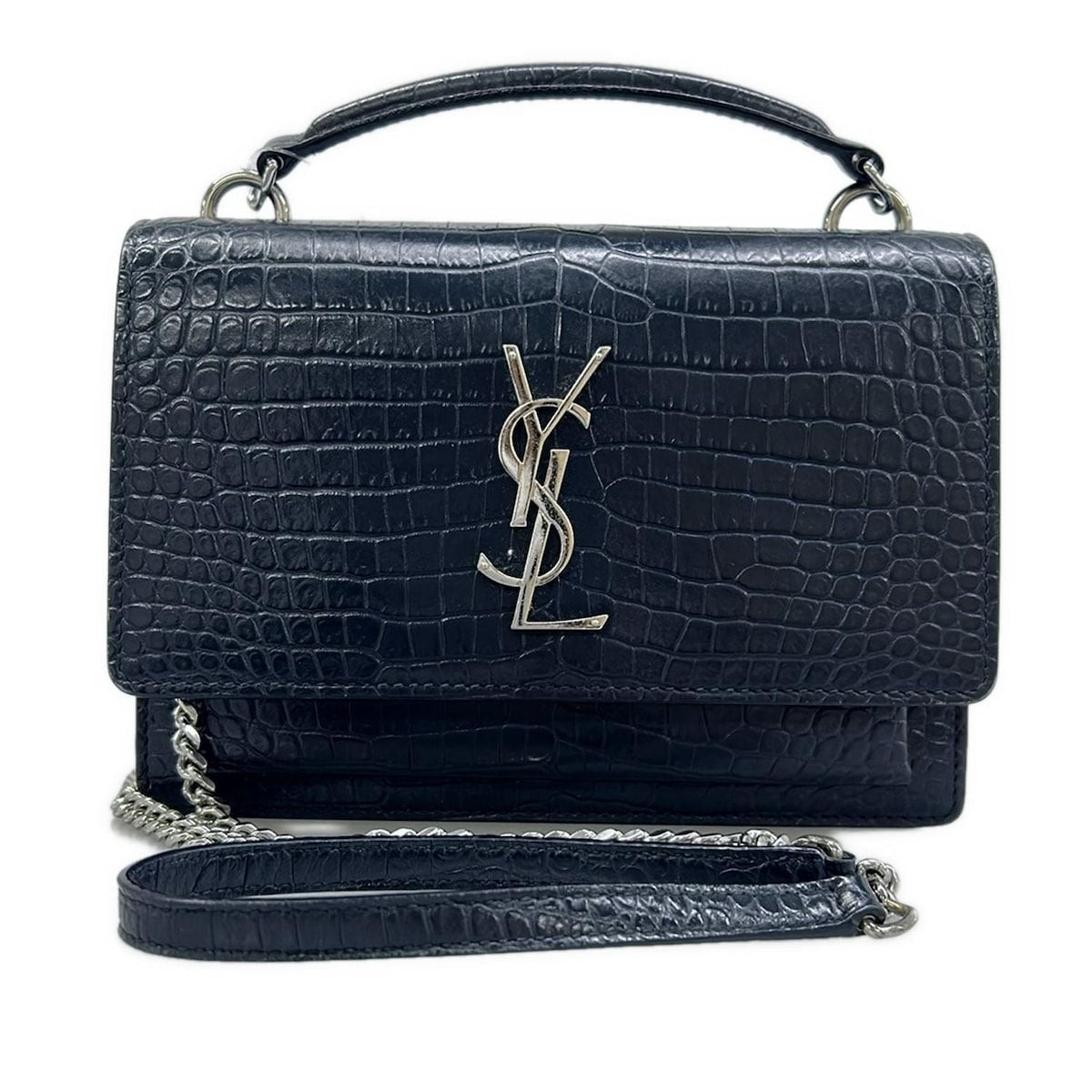 Saint Laurent Paris Wallet Sunset Chain Navy Embossed Leather